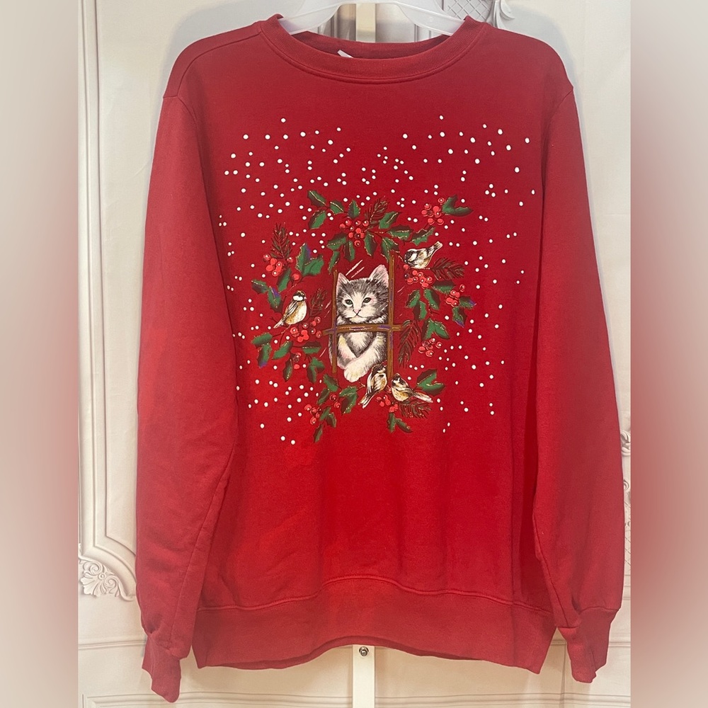 Blair Vintage Kitten Bird Winter Snow Holiday Berries size Medium Sweatshirt